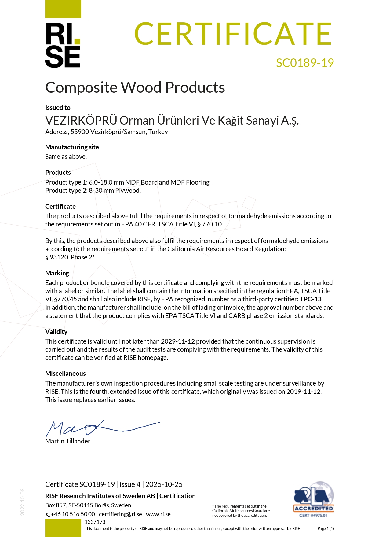 CERTIFICATE SC0189-19